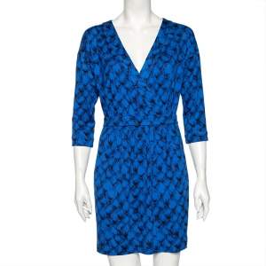 Pre Owned Diane Von Furstenberg Blue Printed Silk Knit Nollie Dress L