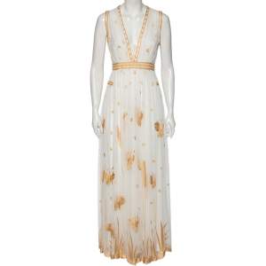 Pre Owned Diane Von Furstenberg Ivory and Gold Embroidered Tulle Vivanette Goddess Gown M