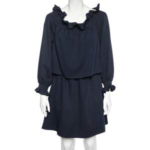 Pre Owned Diane Von Furstenberg Navy Blue Crepe Off-Shoulder Mini Dress M