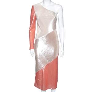 Pre Owned Diane von Furstenberg Colorblock Sequin Embellished Silk One-Shoulder Dress S