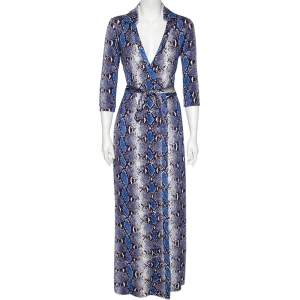 Pre Owned Diane von Furstenberg Blue Python Printed Silk Jersey Abigail Wrap Dress M