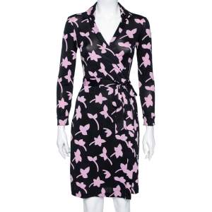 Pre Owned Diane von Furstenberg Black & Purple Printed Silk Jersey New Jeanne Wrap Dress S