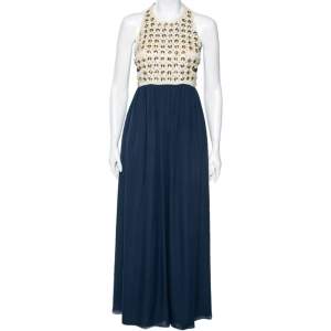 Pre Owned Diane Von Furstenberg Navy Blue & Cream Crystal Embellished Silk Gidget Dress S