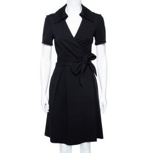 Pre Owned Diane Von Furstenberg Black Knit Hutton Short Sleeve Wrap Dress M