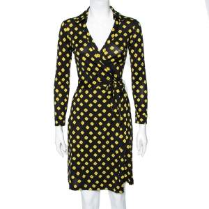 Pre Owned Diane Von Furstenberg Black Printed Silk Jersey New Jeanne Wrap Dress S