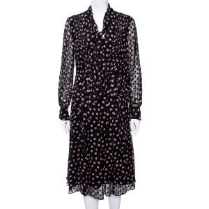 Pre Owned Diane von Furstenberg Black Printed Silk & Velvet Polka Dotted Dress M