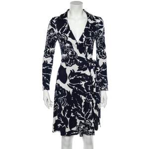 Pre Owned Diane von Furstenberg Navy Blue Floral Printed Silk Knit T72 Mini Wrap Dress M