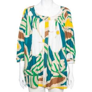 Diane von Furstenberg Multicolored Printed Silk Drawstring Detail Hori Blouse M