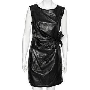 Pre Owned Diane von Furstenberg Black Leather Tie Detail Draped Della Dress L
