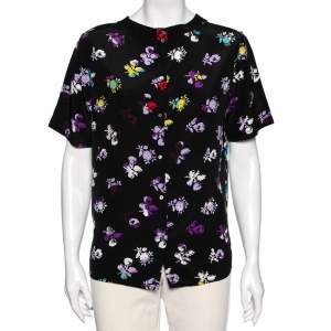 Pre Owned Diane Von Furstenberg Black Floral Print Silk Top M