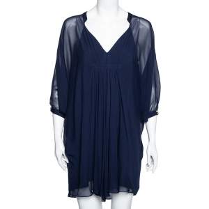Pre Owned Diane Von Furstenberg Navy Blue Front Pleated Dolman Sleeves Mini Dress S