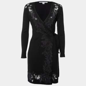 Pre Owned Diane von Furstenberg Black Wool & Lace Inset Leandra Wrap Dress P