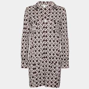 Pre Owned Diane von Furstenberg Brown & White Printed Silk Knit Dilly Dress M