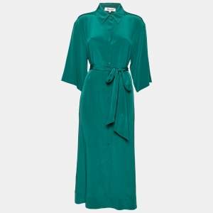 Pre Owned Diane von Furstenberg Green Silk Side Slit Detailed Button Front Belted Dress M