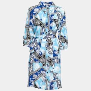 Pre Owned Diane von Furstenberg Blue Printed Silk Belted Shirt Dress L
