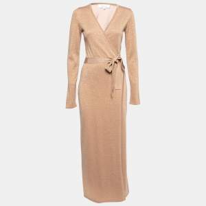 Pre Owned Diane Von Furstenberg Beige Lurex Knit Midi Wrap Dress S