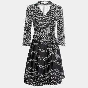 Pre Owned Diane Von Furstenberg Monochrome Printed Silk Knit Pleated Wrap Dress XL