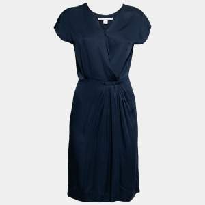 Pre Owned Diane von Furstenberg Navy Blue Silk Pleated Dress S