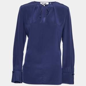 Pre Owned Diane Von Furstenberg Navy Blue Silk Neck Tie Blouse M