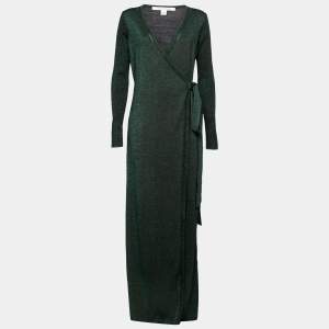Pre Owned Diane Von Furstenberg Green Lurex Wool Knit Evelyn Maxi Wrap Dress M