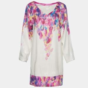 Pre Owned Diane Von Furstenberg White & Pink Sequined Shift Dress M