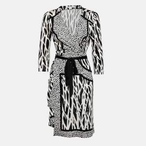 Pre Owned Diane Von Furstenberg Monochrome Printed Silk Knit Wrap Dress L