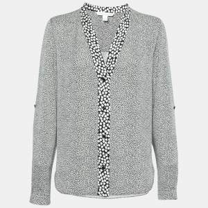 Pre Owned Diane Von Furstenberg Black and White Printed Silk Button Front Blouse M