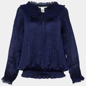 Pre Owned Diane von Furstenberg  Blue Synthetic Micro Pleated Blouse L