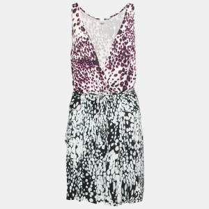 Pre Owned Diane Von Furstenberg Multicolor Printed Silk Pleated Drawstring Front Dress L