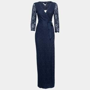 Diane von Furstenberg Navy Blue Floral Lace Julianna Wrap Maxi Dress M