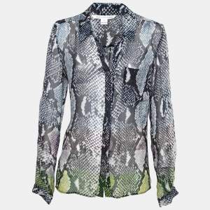 Pre Owned Diane von Furstenberg Blue Python Print Silk Chiffon Lorelei Shirt L