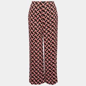 Pre Owned Diane von Furstenberg Red & Black Printed Stretch Crepe Wide-Leg Trousers M Waist 28"