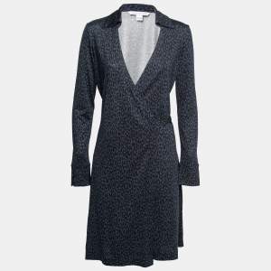 Pre Owned Diane von Furstenberg Navy Blue Printed Silk Jersey Cybil Wrap Dress M