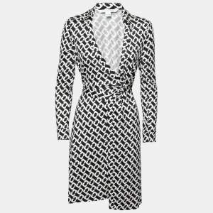 Pre Owned Diane von Furstenberg Black Printed Silk Jersey Jeanne Wrap Dress M