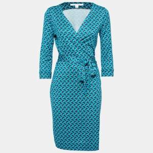 Pre Owned Diane von Furstenberg Blue Print Silk Jersey New Julian Wrap Dress M
