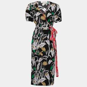 Diane von Furstenberg Black Floral Print Crepe Wrap Blouse & Skirt Set L