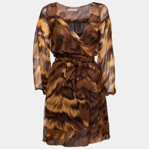 Pre Owned Diane von Furstenberg Brown Tiger Print Silk Chiffon Wrap Dress M