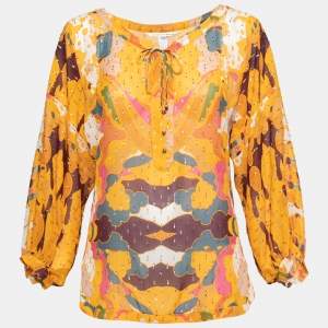 Pre Owned Diane von Furstenberg Yellow Printed Silk & Lurex Detail Peelo Blouse M