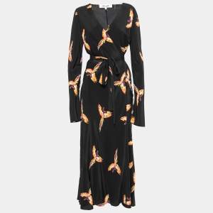Pre Owned Diane von Furstenberg Black Bird Print Silk Wrap Dress L