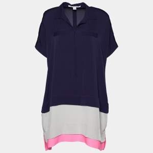 Pre Owned Diane Von Furstenberg Navy Blue Silk Contrast Detail Hatsu Mini Dress S