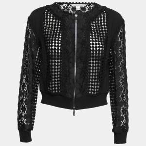 Pre Owned Diane Von Furstenberg Black Guipure Lace & Knit Jessica Bomber Jacket S
