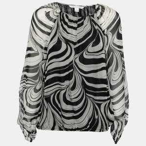 Pre Owned Diane Von Furstenberg Black Marble Print Silk Keyhole Detail Blouse S