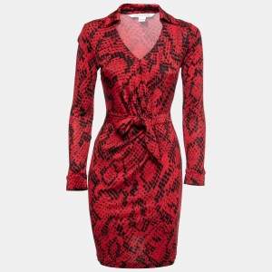 Pre Owned Diane von Furstenberg Red Abstract Print Stretch Silk Wrap Dress S