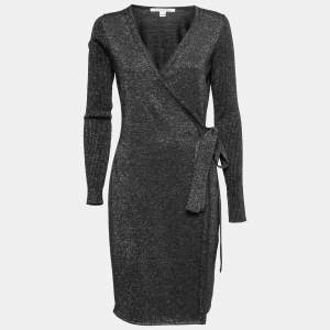 Pre Owned Diane Von Furstenberg Navy Blue & Gold Lurex Wool Evelyn Wrap Dress S
