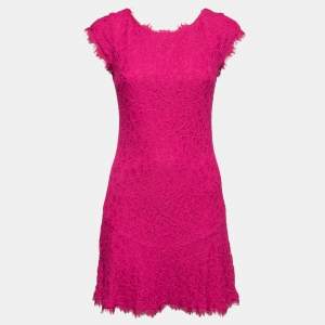 Diane Von Furstenberg Magenta Pink Lace Cap-Sleeve Mini Dress M