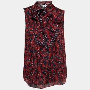 Pre Owned Diane Von Furstenberg Red Printed Silk Tie-Neck Top M