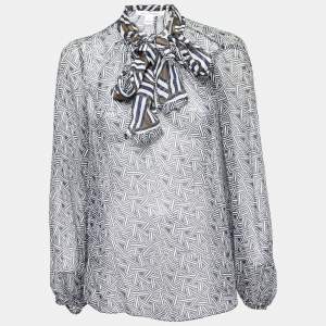 Diane Von Furstenberg Blue Printed Sheer Silk Tie-Neck Fernanda Blouse L