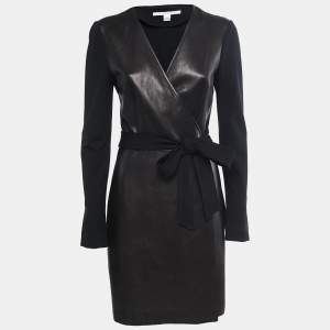 Diane Von Furstenberg Black Leather & Knit Wrap Midi Dress L