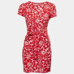 Pre Owned Diane Von Furstenberg Red and White Floral Print Faux Wrap Zoe Dress XS