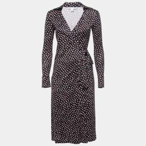 Pre Owned Diane Von Furstenberg Navy Blue Pirouette Dot Print Silk Jersey Cybil Wrap Dress XS